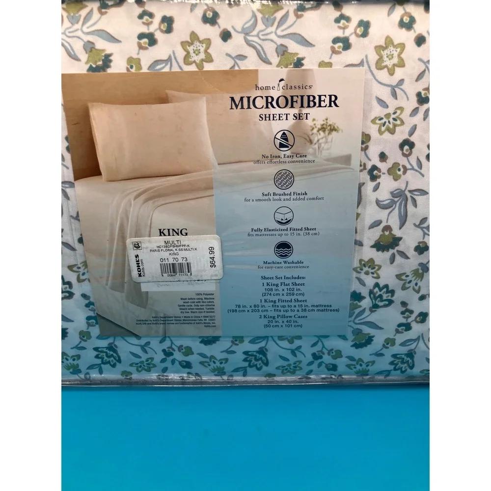 Home Classics Sheet Set King Multi Paris Floral Microfiber 4pc Green Blue